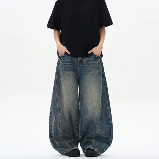 2025 Spring New Men's Oversized Wide-Leg Jeans – Loose Vintage Patchwork Denim Trousers with Lightning Crack Design, Streetwear Style