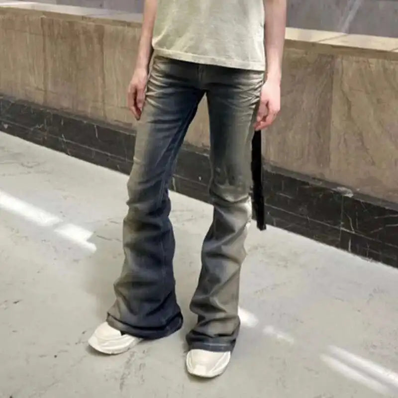 FEWQ 2025 Men's Gradient Wash Flared Jeans – Vintage Korean-Style Floor-Mop Pants, Casual High Street Fashion (Model 24X1639)