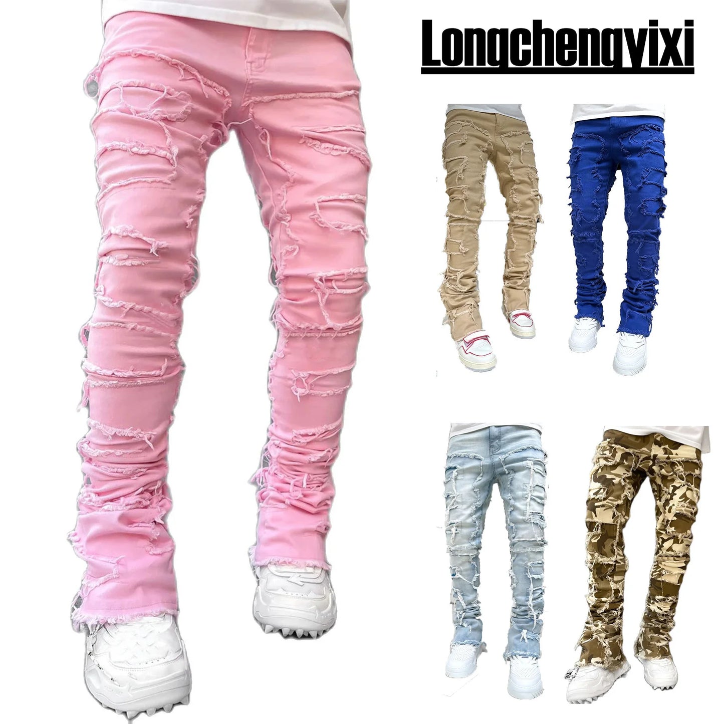 Men's Regular Fit Stacked Jeans – Slim Fit Ripped Denim Pants with Distressed Patchwork, Straight-Leg Hip Hop Streetwear Style