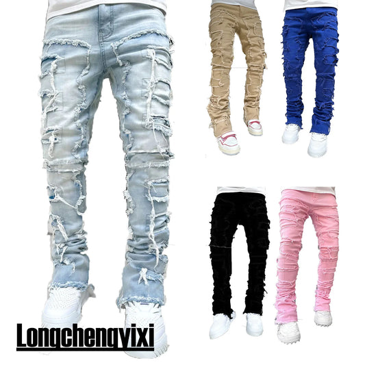 Men's Regular Fit Stacked Jeans – Slim Fit Ripped Denim Pants with Distressed Patchwork, Straight-Leg Hip Hop Streetwear Style